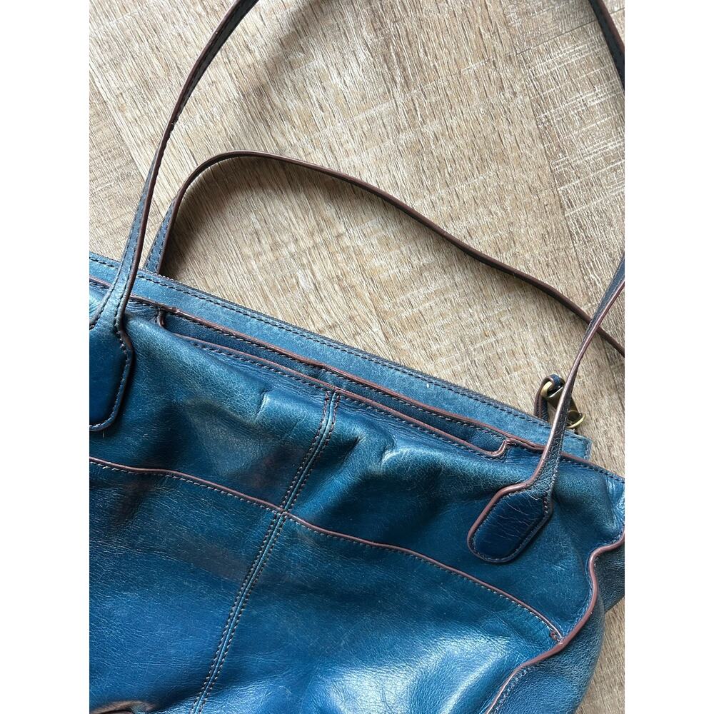 HOBO Leather Shoulder Tote Bag Blue Teal Zip Top Floral Lining Medium + Dust Bag - Picture 7 of 16